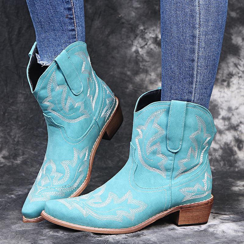 Woman Vintage Western Cowboy Leather Ankle Boots