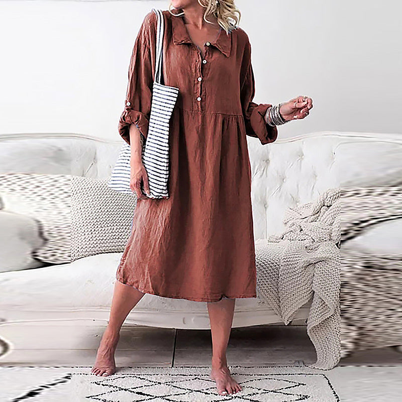 Button Long Sleeve Casual Dress For Women