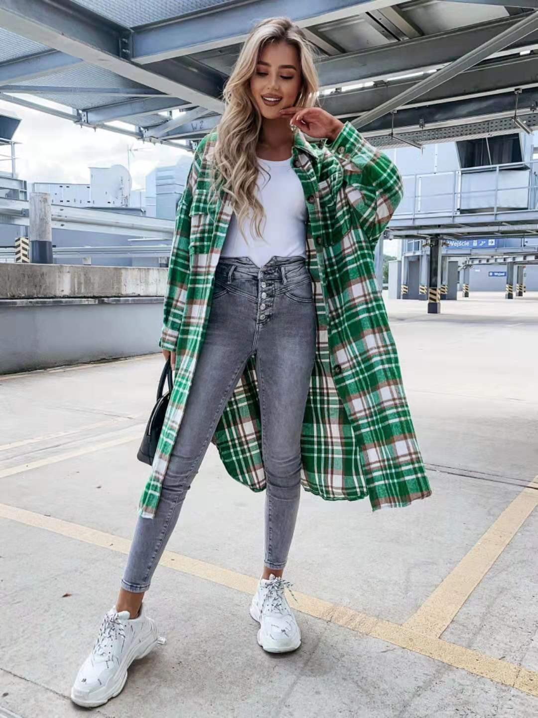 Woman Lengthened Plaid Shirt Jacket