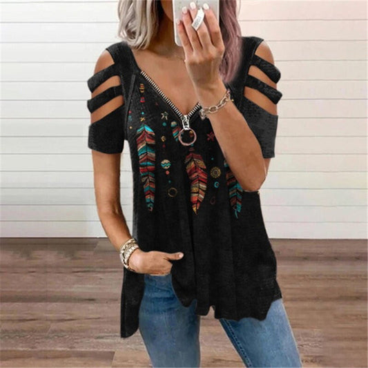 V-Neck Zip Pullover Print Short Sleeve Blouse