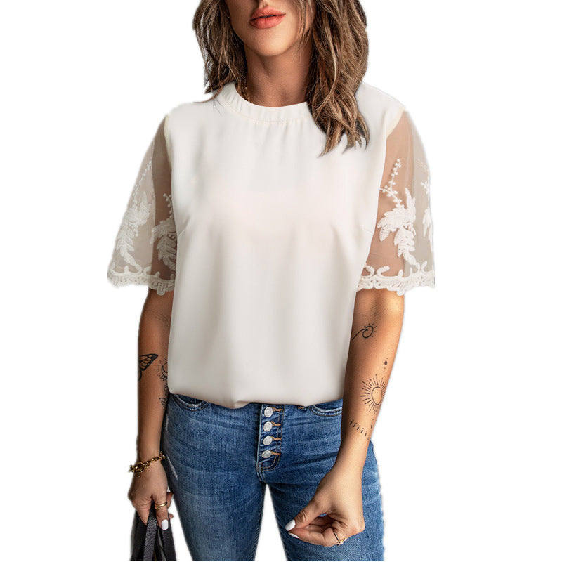 Women's Round Neck Short Sleeve Lace T-Shirt