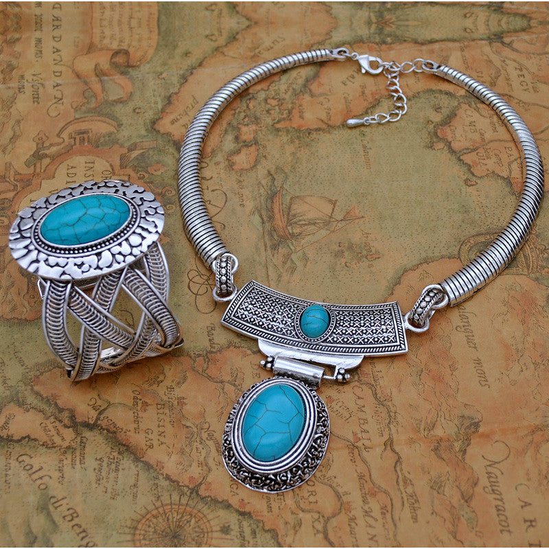 Women's Vintage Turquoise Jewelry Cowboy Style Necklace Earrings Ring Bracelet Set