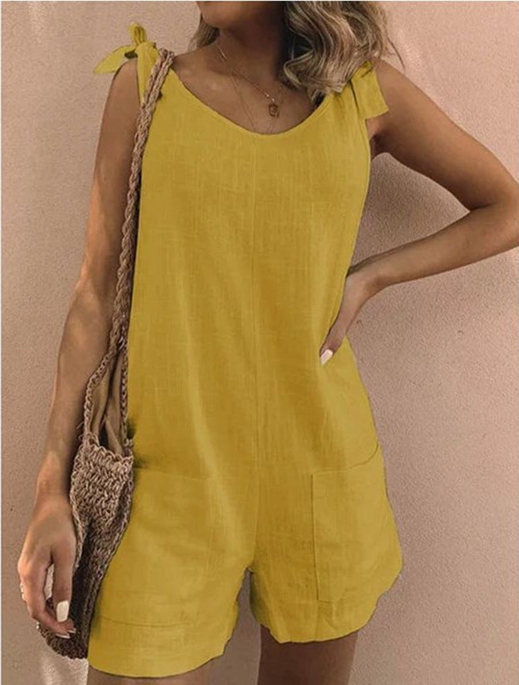 Women's Solid Color Cotton And Linen Patch Pocket Fashion Jumpsuit
