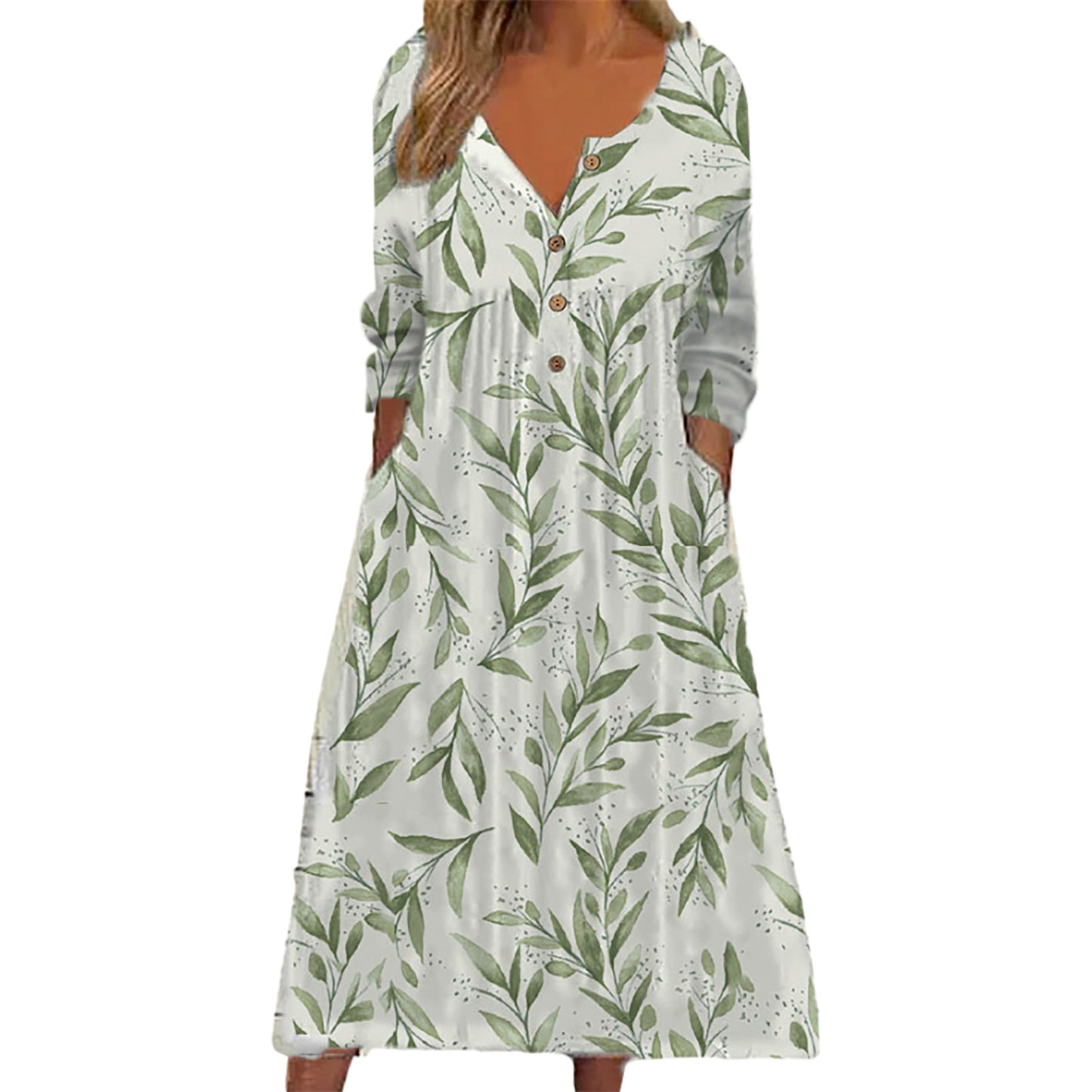 Women Long Sleeve V Neck Print Dress