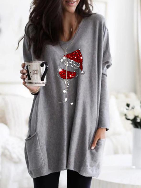 Women's Christmas Wine Glass Print Long T-shirt