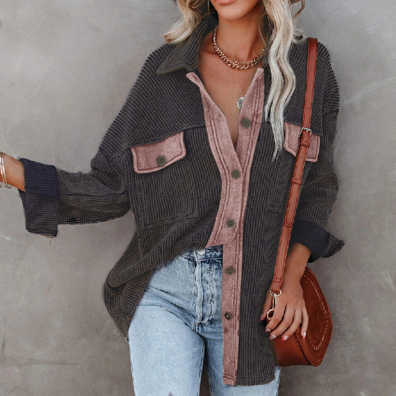 Women's Corduroy Shirt Lapel Single Row Long Sleeve Top