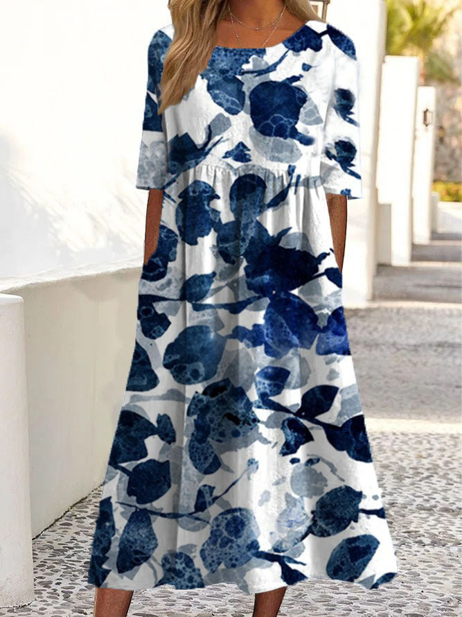 Women's Floral Print Round Neck Short Sleeve Pocket Dress