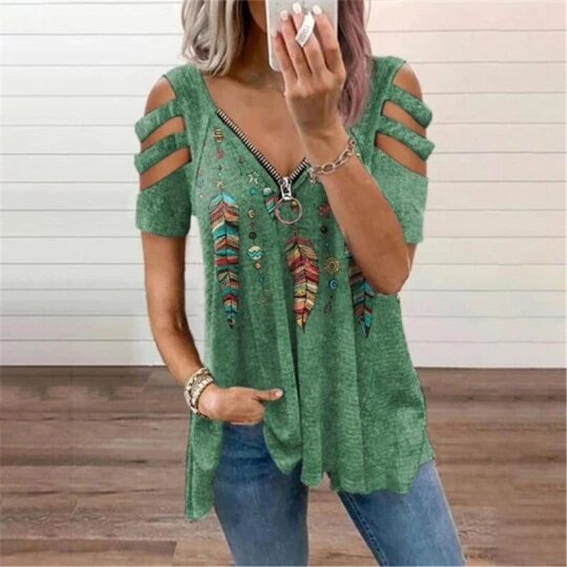 V-Neck Zip Pullover Print Short Sleeve Blouse