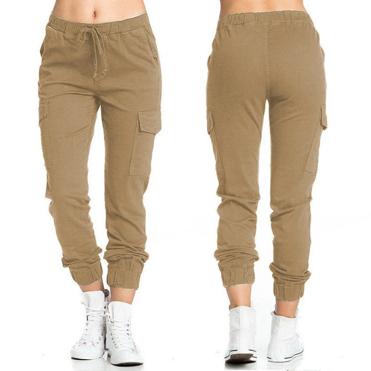 Woman Tooling Casual Elastic Waist String Side Pocket Trousers