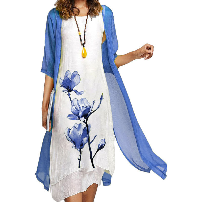 Women 2-Piece Printed Round Neck Slim Dress