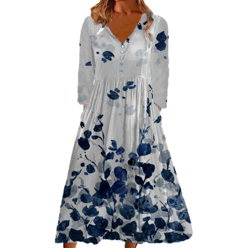 Women Printed V Neck Button Long Sleeve Dress