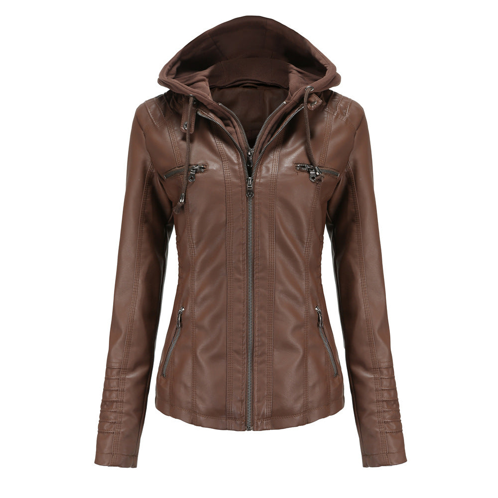 Women's Hooded Two-piece Detachable Plus Size Leather Jacket