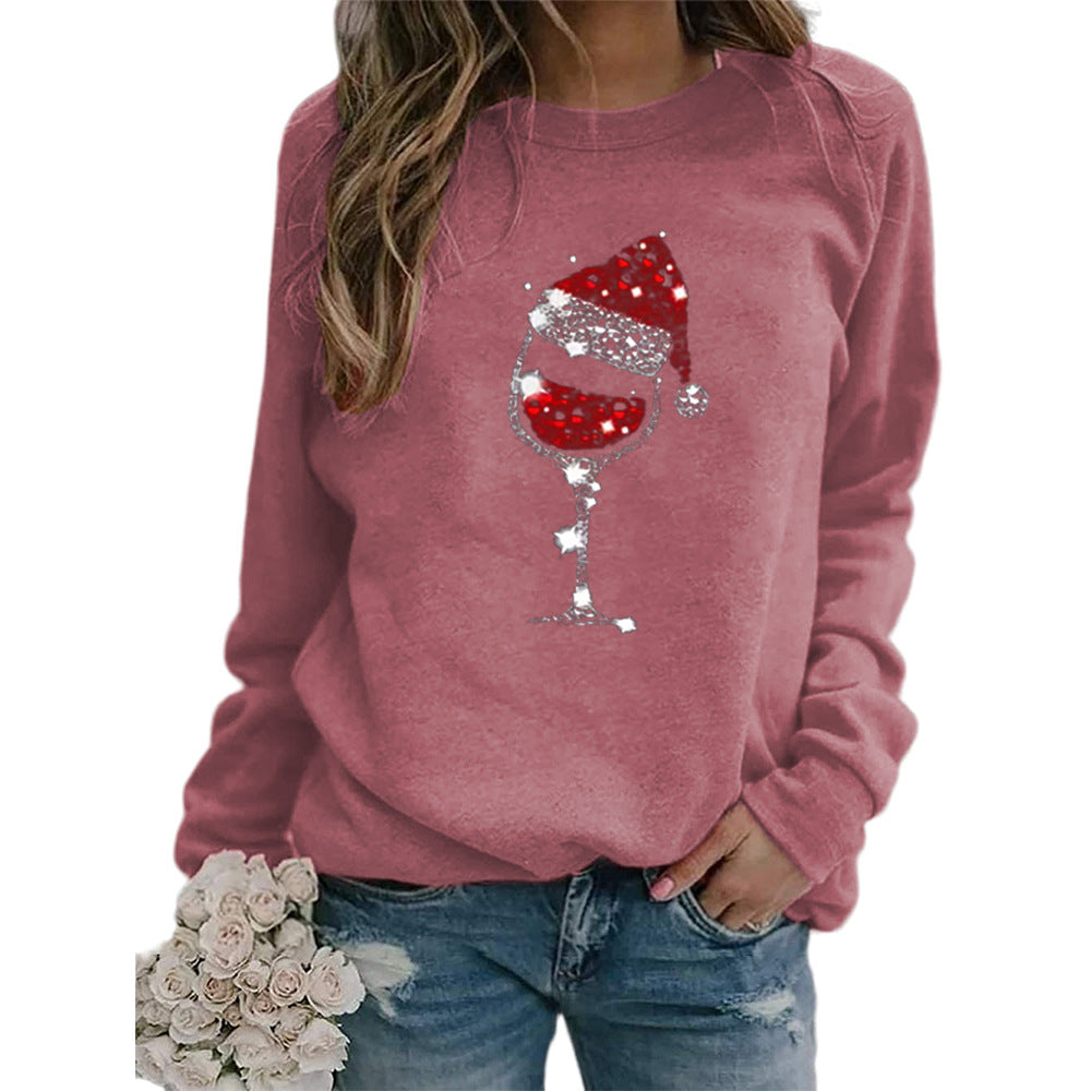 Woman Christmas Hat Red Wine Glass Print Long Sleeve Top