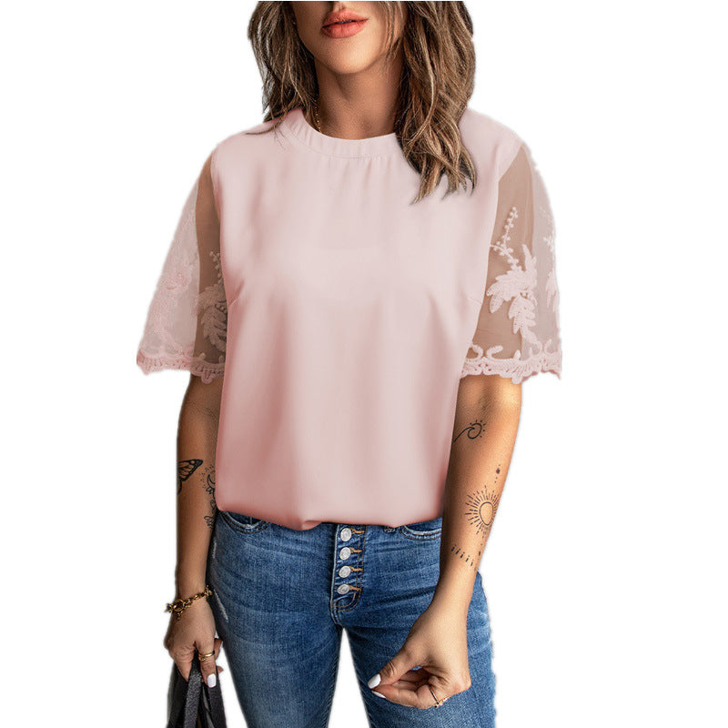 Women's Round Neck Short Sleeve Lace T-Shirt