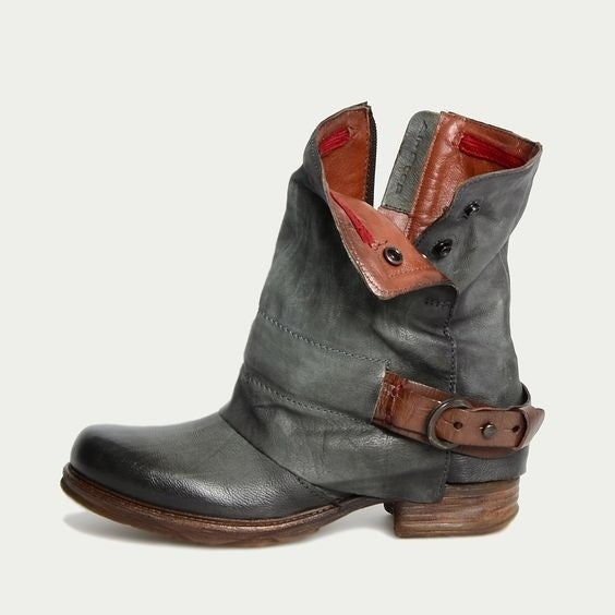 Woman Belt Buckle Square Heel Retro Leather Short Boots