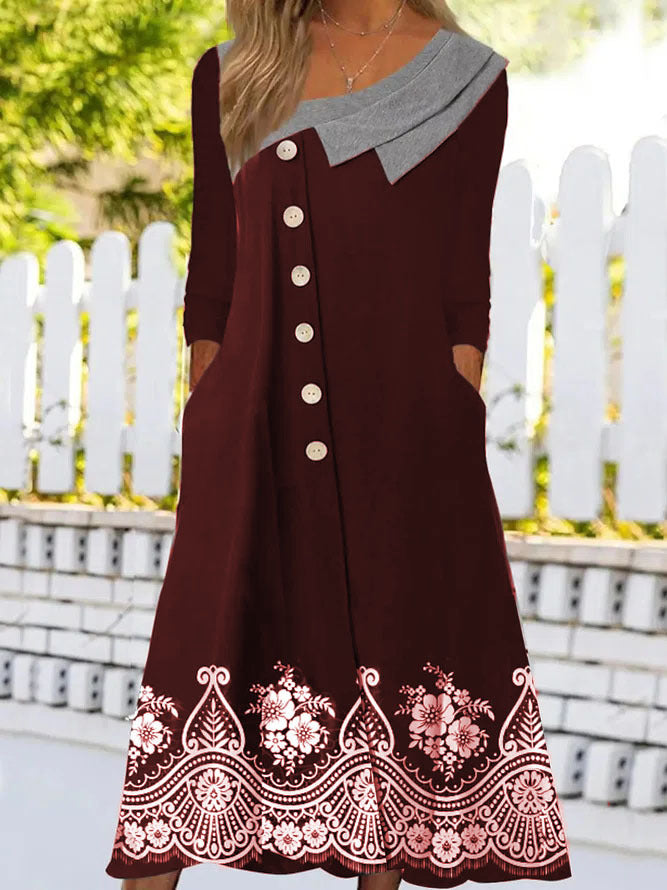 Women Pocket Button Long Sleeve Dress