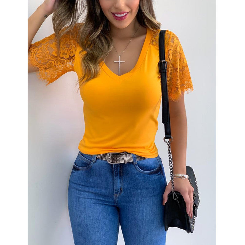 Women's Lace Short-Sleeved Stitching Top
