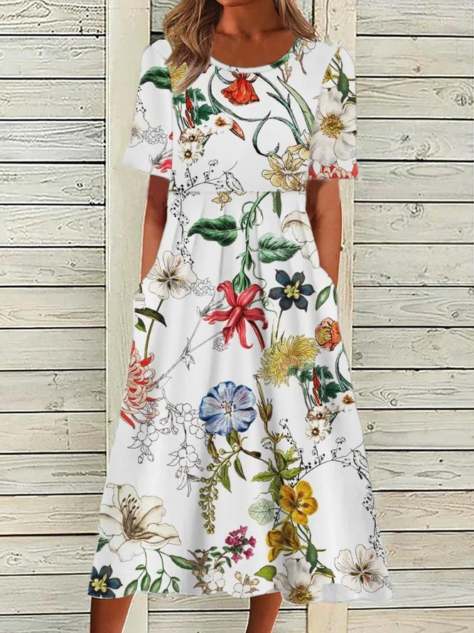 Women's Round Neck Pocket Short Sleeve Printed Dress