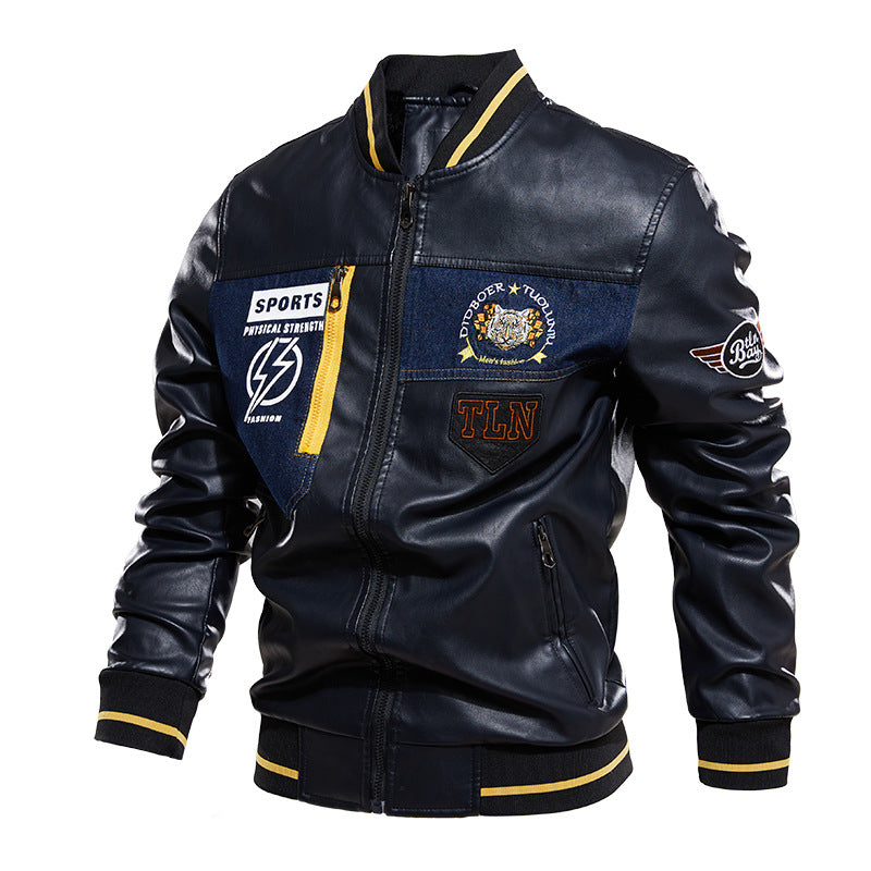 Fashion Stand Collar Standard Letter Zipper Men's Leather Jacket