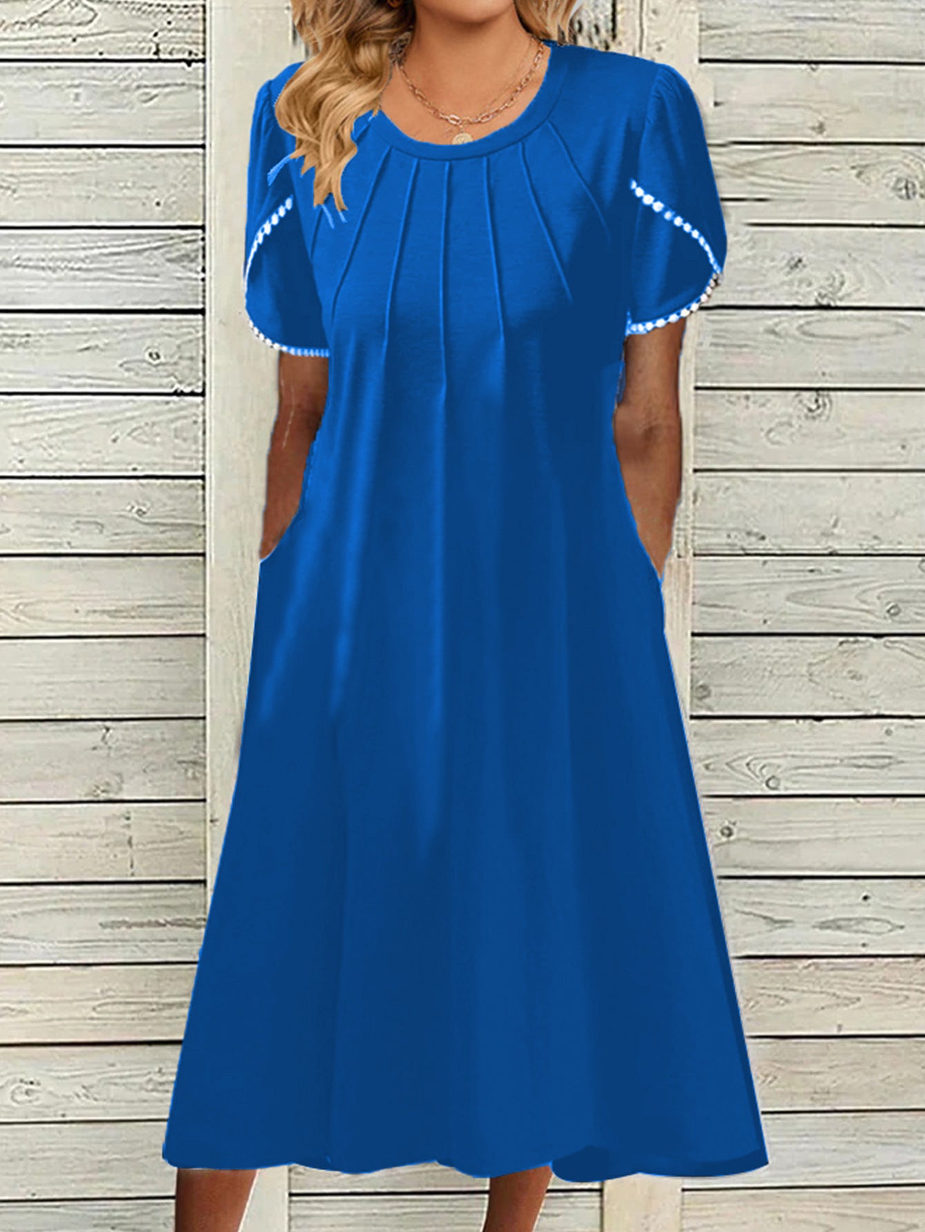 Women Pocket Round Neck Lace Sleeve Dress