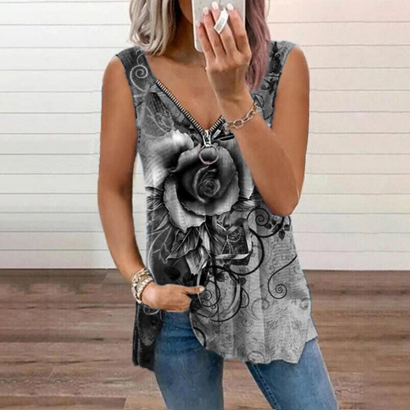 Women's V-Neck Zip Rose Print Casual Tank