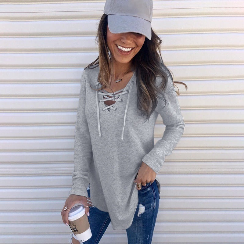 Women's Solid Color V-neck Strapped Loose Top T-shirt