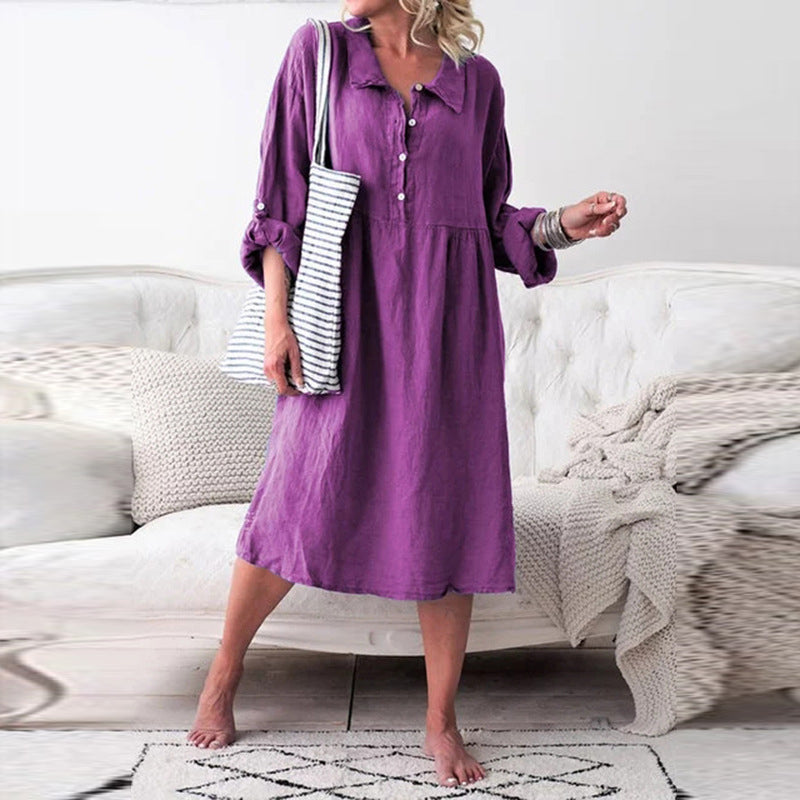 Button Long Sleeve Casual Dress For Women