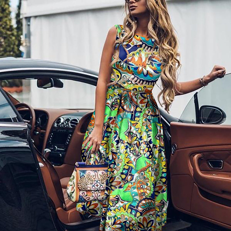 Women's Vintage Print V-Neck Sleeveless Dress
