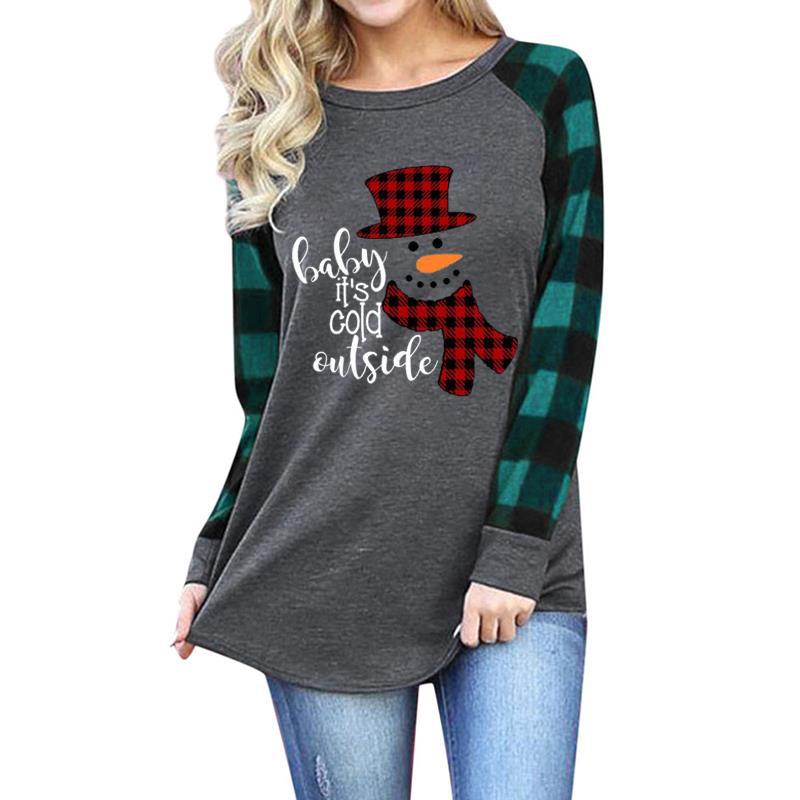 Woman Plaid Christmas Snowman Crew Neck Long Sleeve T-shirt