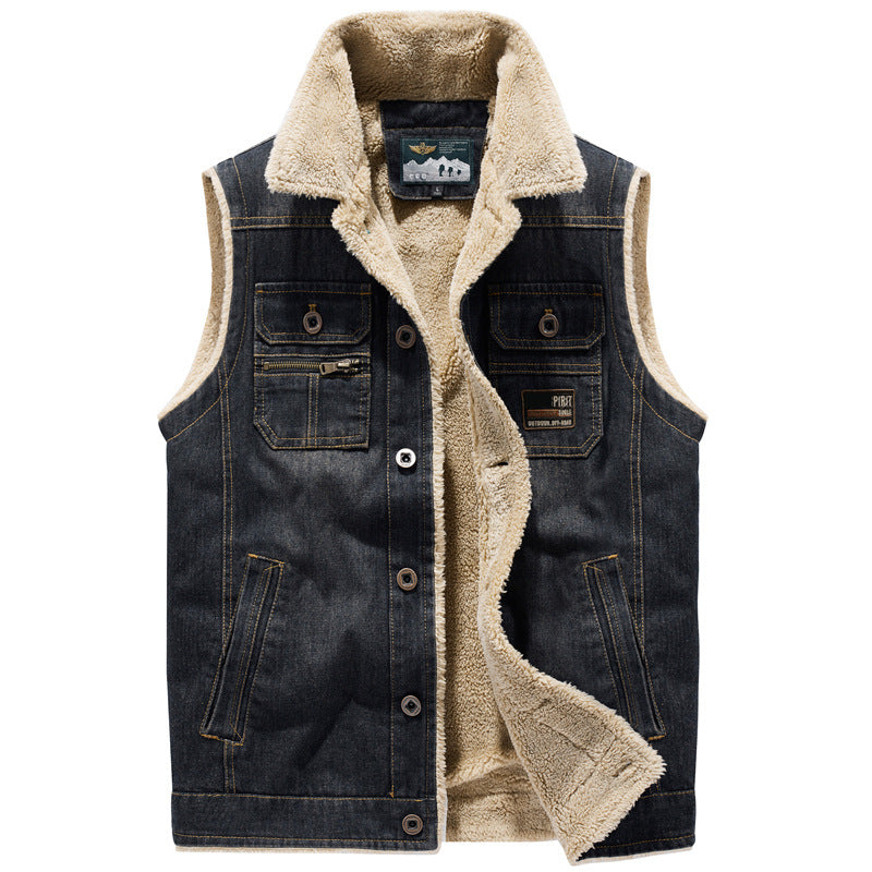 Men's Casual Fleece Denim Vest Jacket