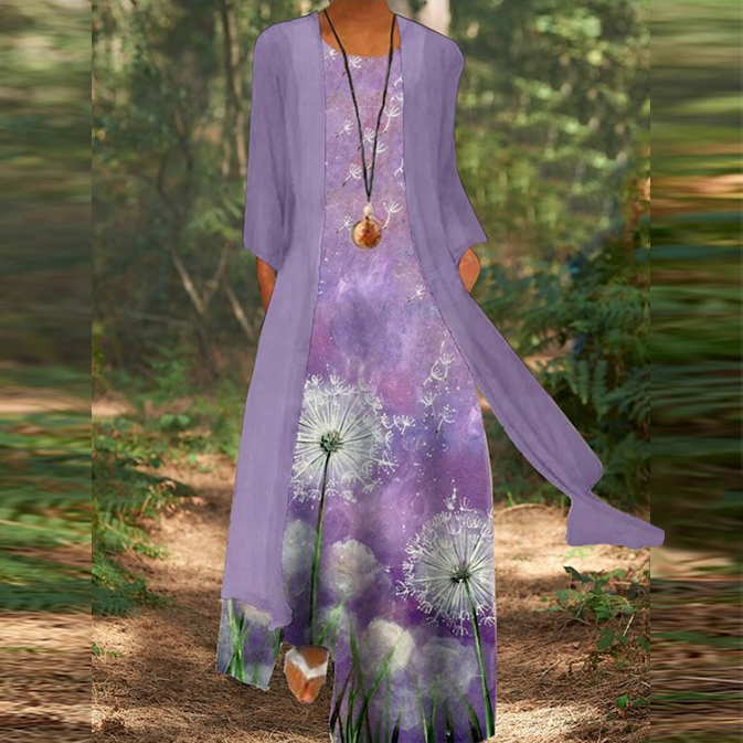 Women's Elegant Round Neck Two Piece Long Sleeve Floral Print Maxi Dress