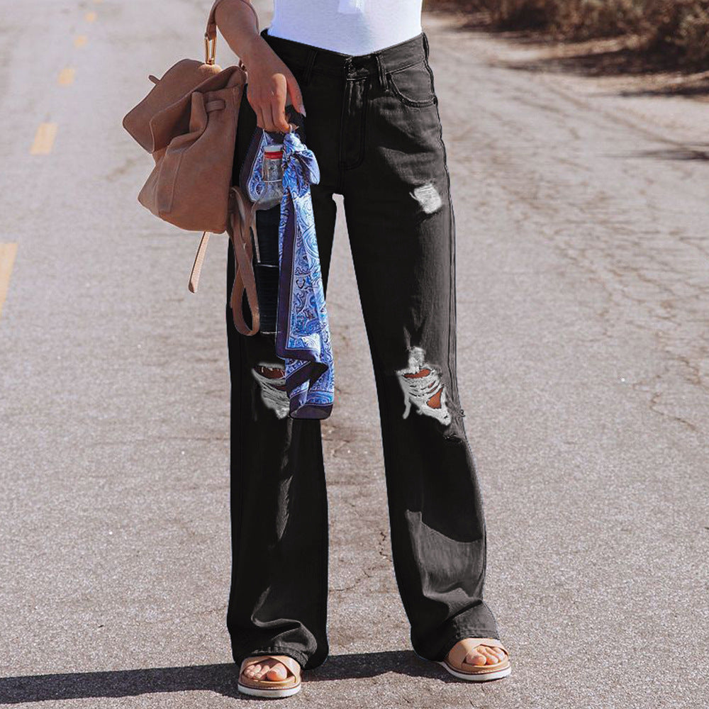 Women's High Waist Casual Ripped Long Jeans