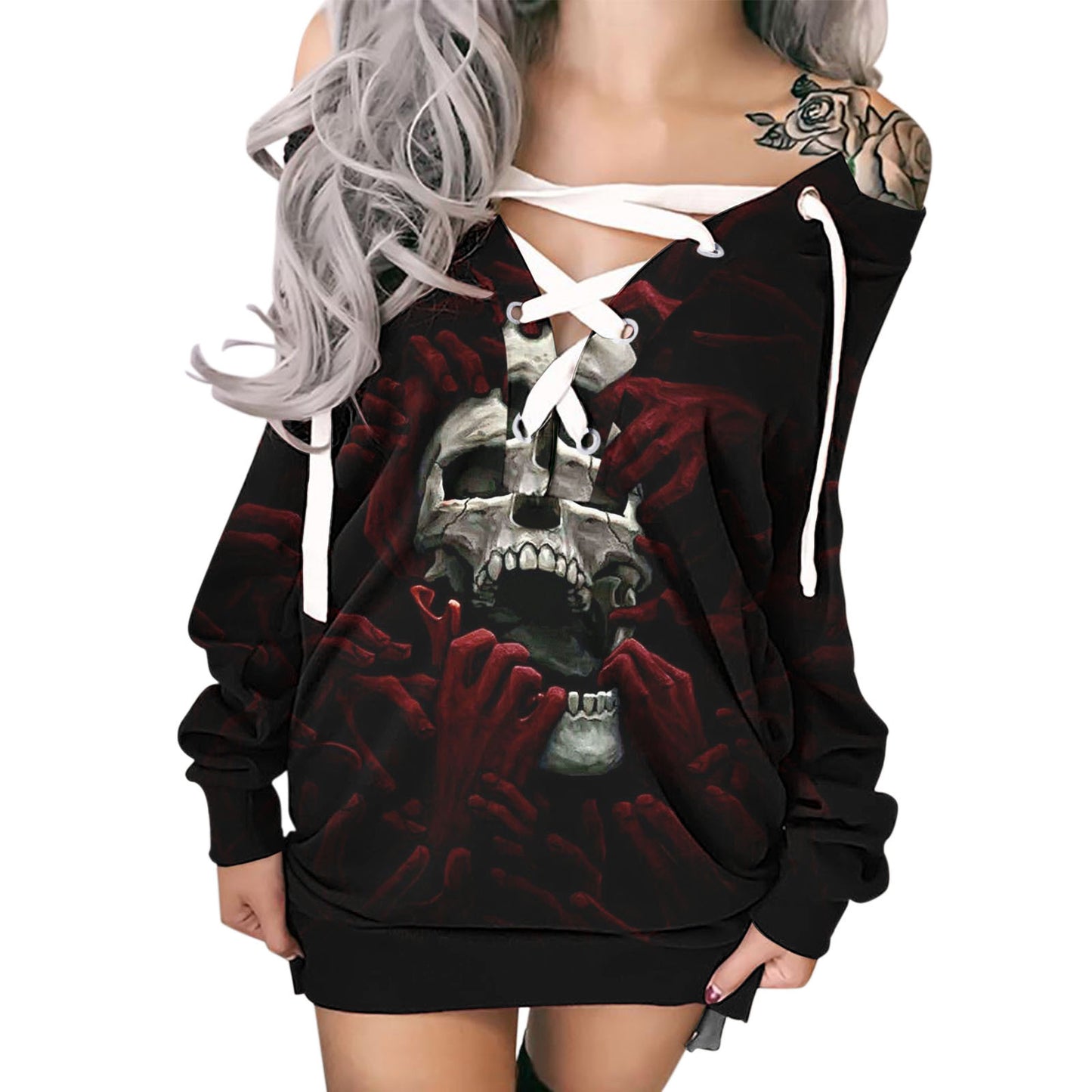 Lace-up Loose Print T-Shirt For Women