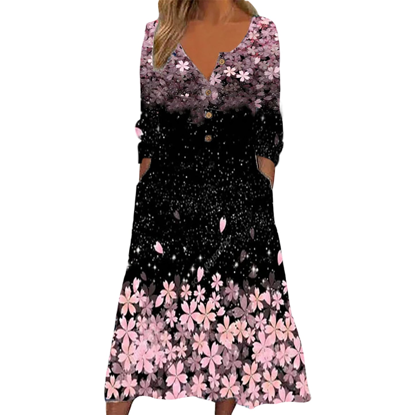Women Long Sleeve V Neck Print Dress