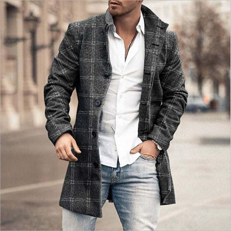 Plain Lapel Button Mid-Length OL Men's Coat