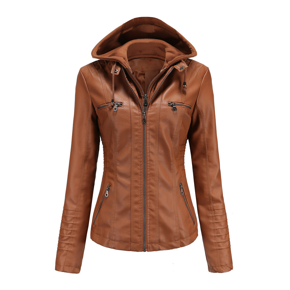 Women's Hooded Two-piece Detachable Plus Size Leather Jacket