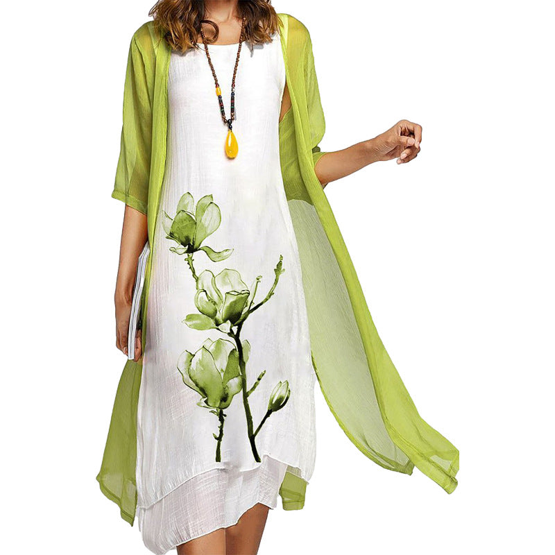 Women 2-Piece Printed Round Neck Slim Dress
