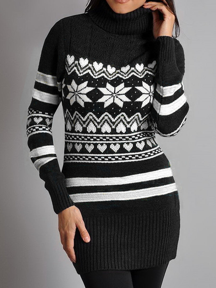 Women Christmas Snowflake Turtleneck Sweater Dress