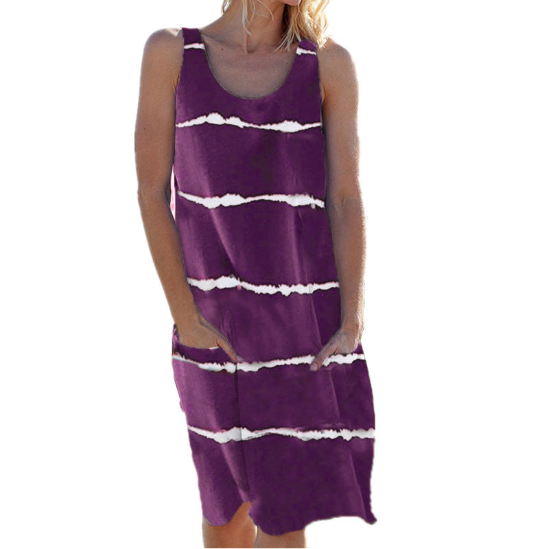 Crew Neck Striped Pocket Tank Dress