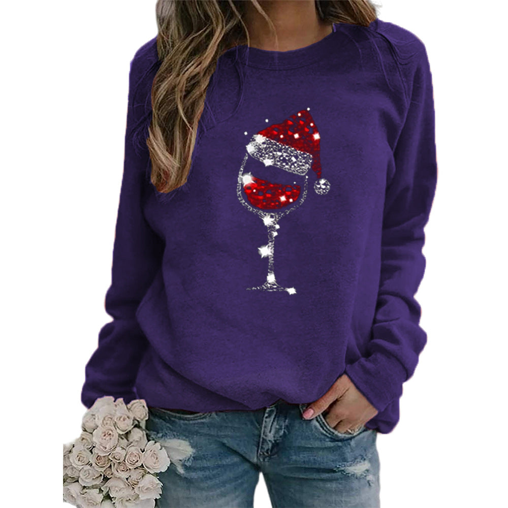 Woman Christmas Hat Red Wine Glass Print Long Sleeve Top