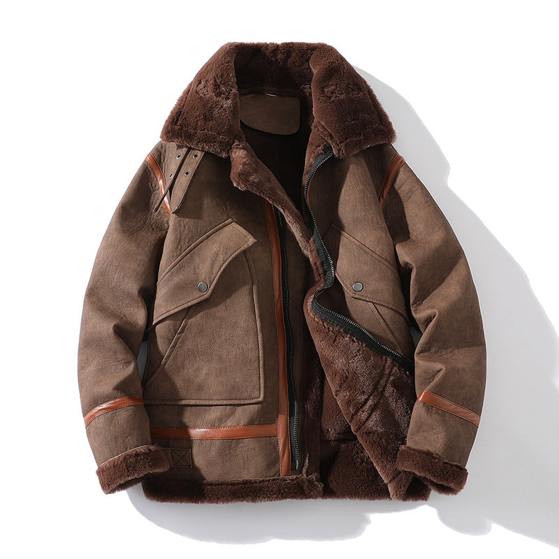 Men's Casual Leather Fleece Lapel Jacket
