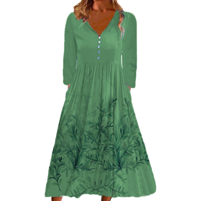 Women Printed V Neck Button Long Sleeve Dress