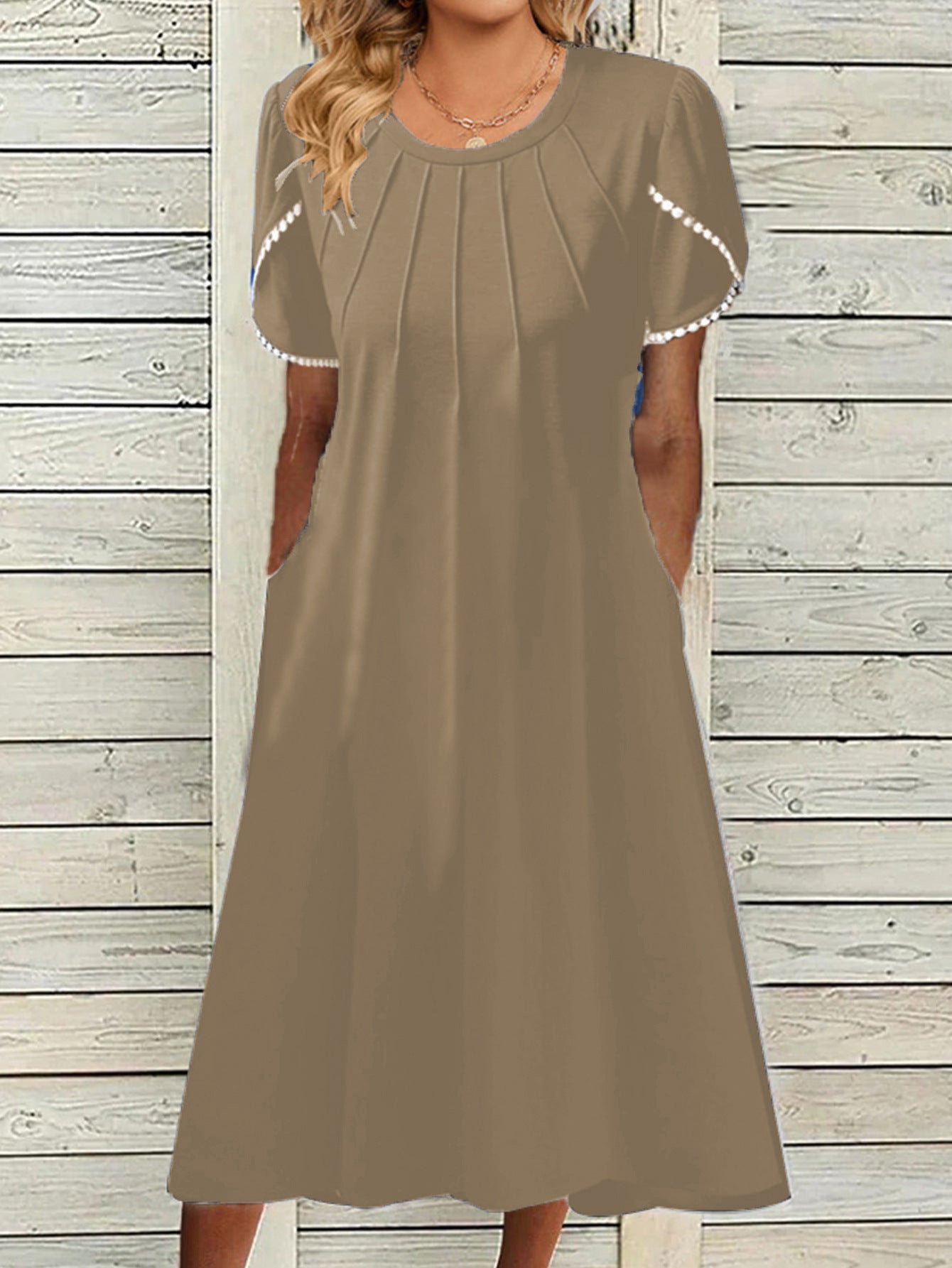 Women Pocket Round Neck Lace Sleeve Dress
