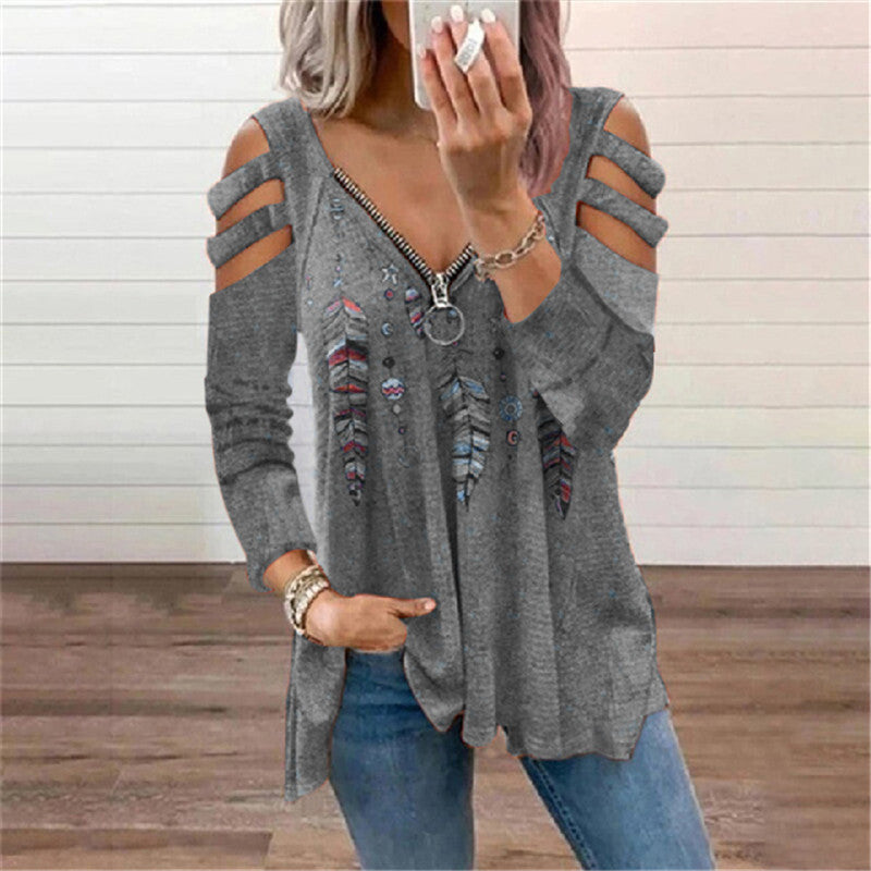 Women's Zip Pullover Long Sleeve Loose T-Shirt