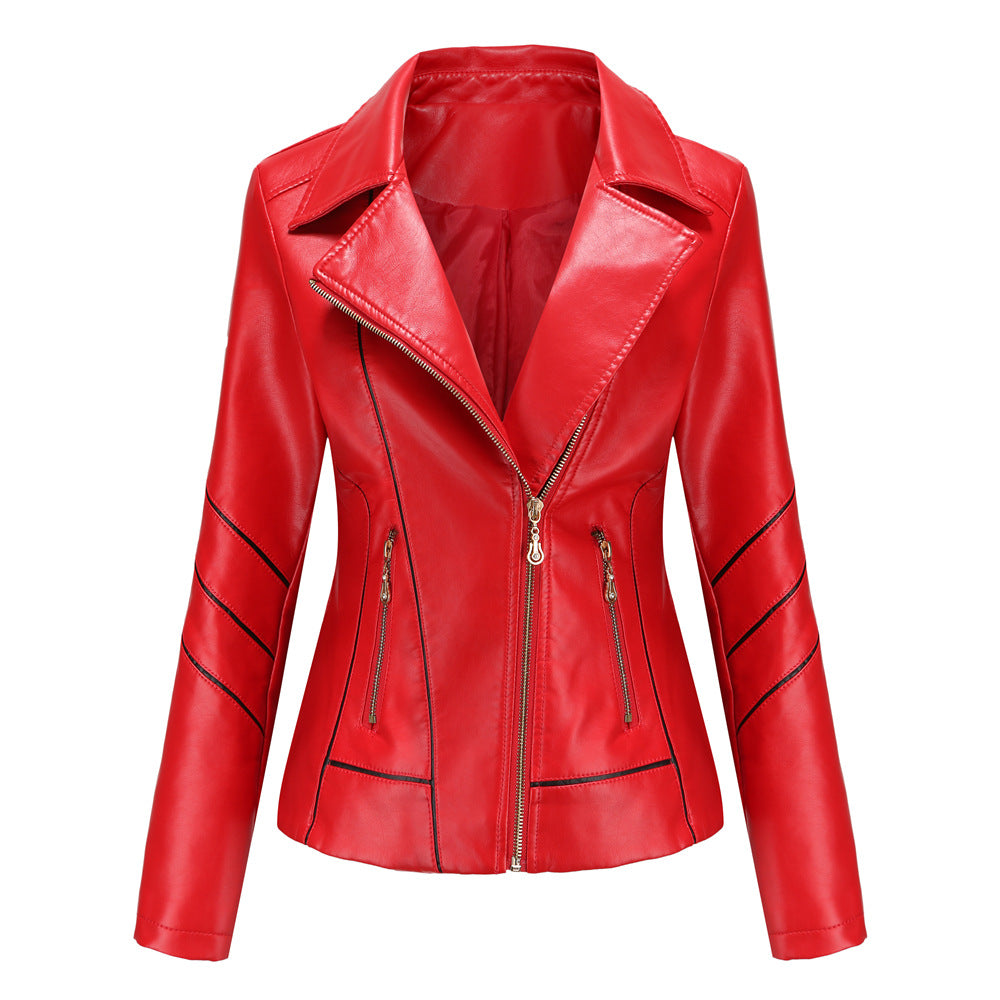 Slim Fit Stand Collar Leather Jacket For Women