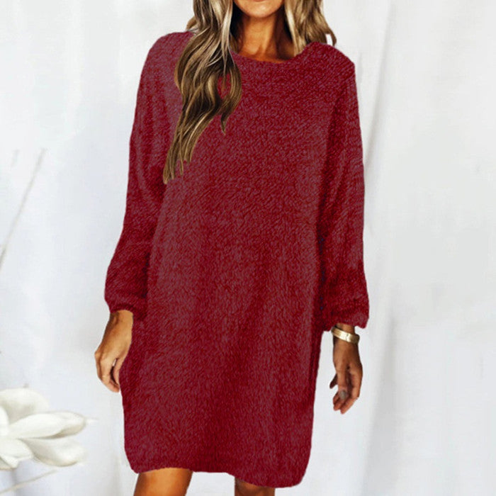 Plush Long Sleeve Round Neck Loose Dress