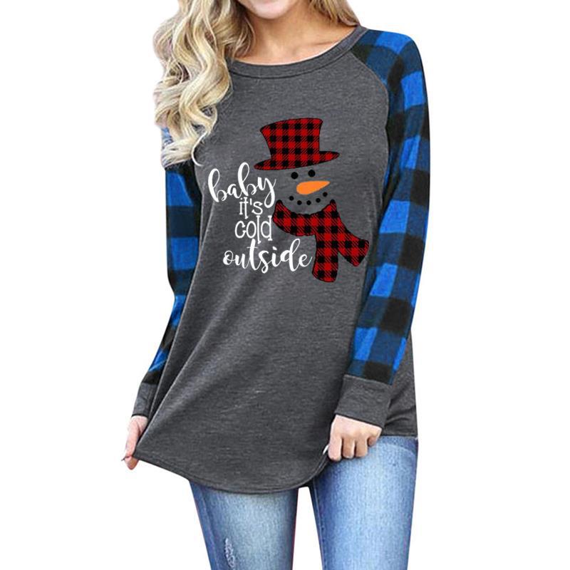 Woman Plaid Christmas Snowman Crew Neck Long Sleeve T-shirt