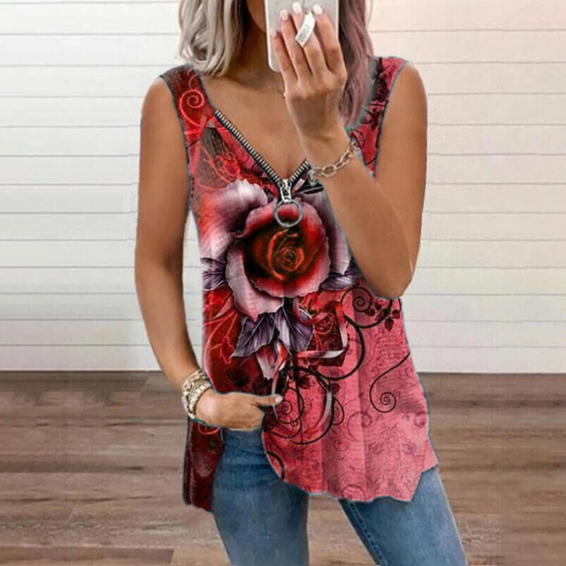 Women's V-Neck Zip Rose Print Casual Tank