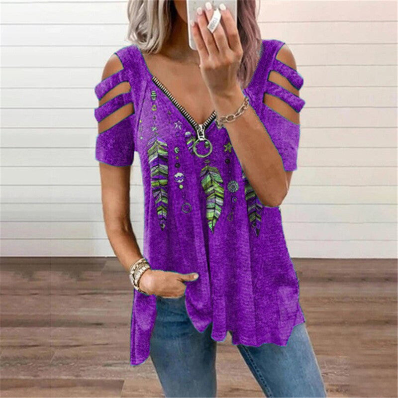 V-Neck Zip Pullover Print Short Sleeve Blouse