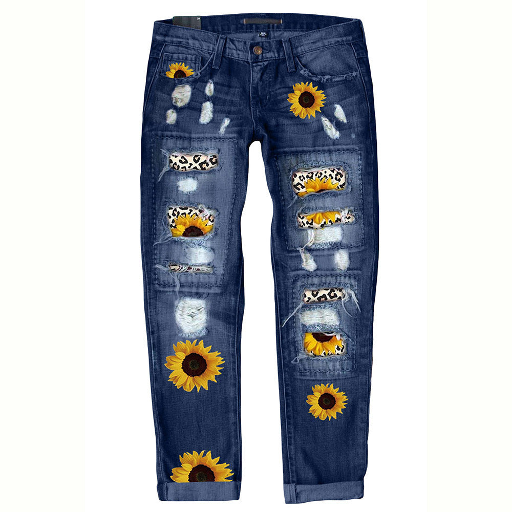 Women's Sunflower Print Denim Ripped Pants